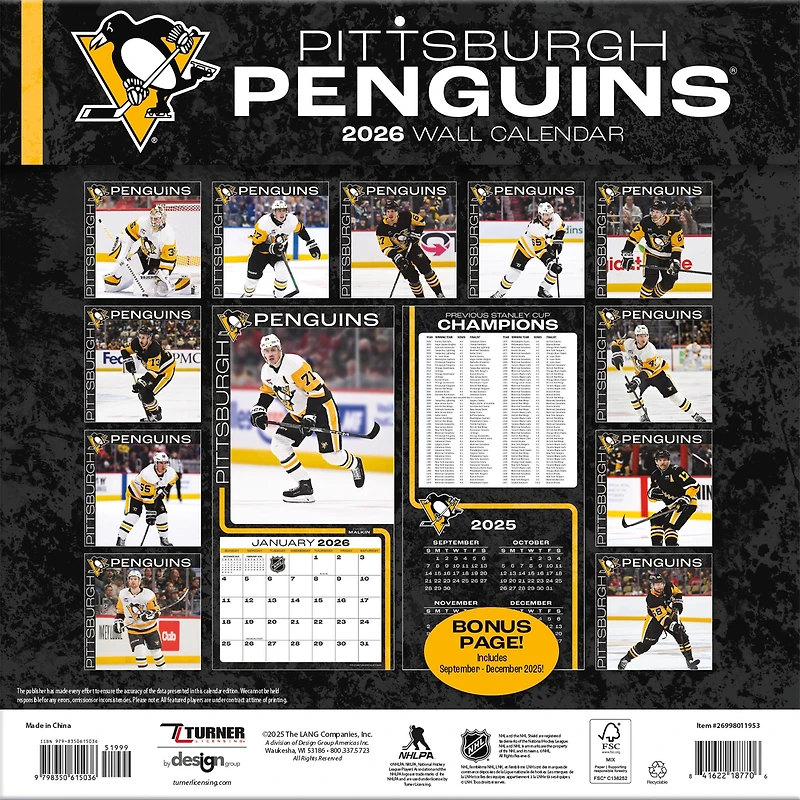 NHL Pittsburgh Penguins 2026 Wall Calendar