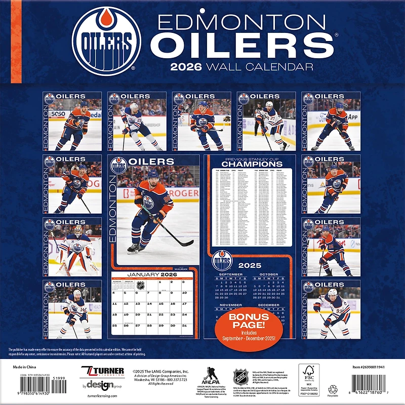 NHL Edmonton Oilers 2026 Wall Calendar