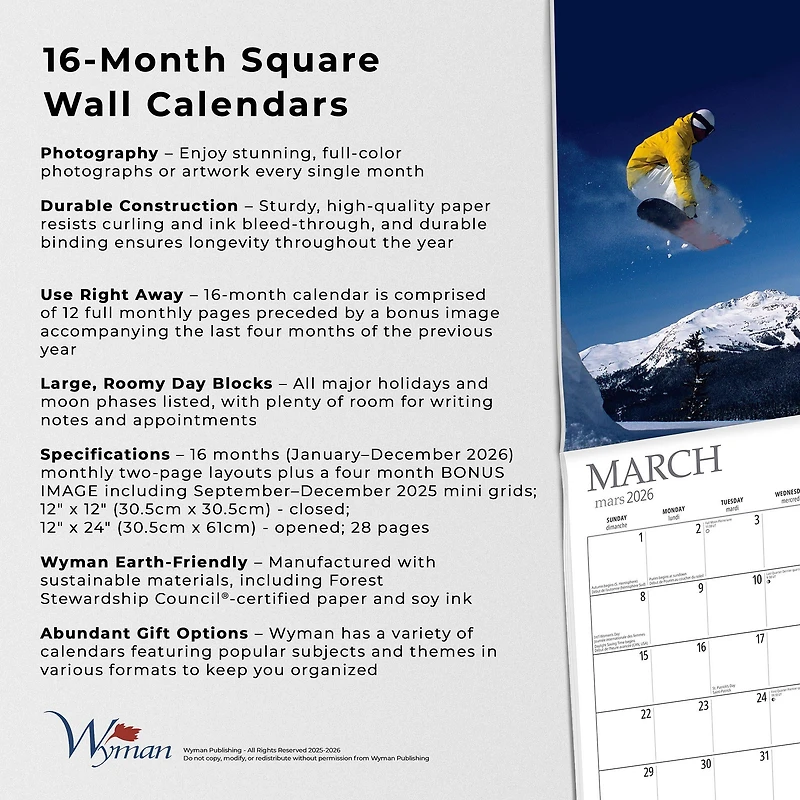 Snowboarding 2026 Wall Calendar