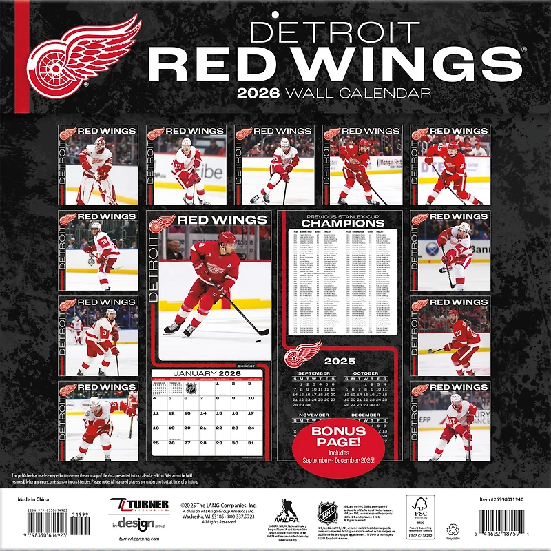 NHL Detroit Red Wings 2026 Wall Calendar