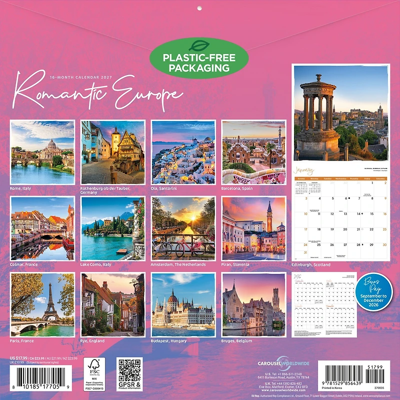 Romantic Europe 2027 Wall Calendar