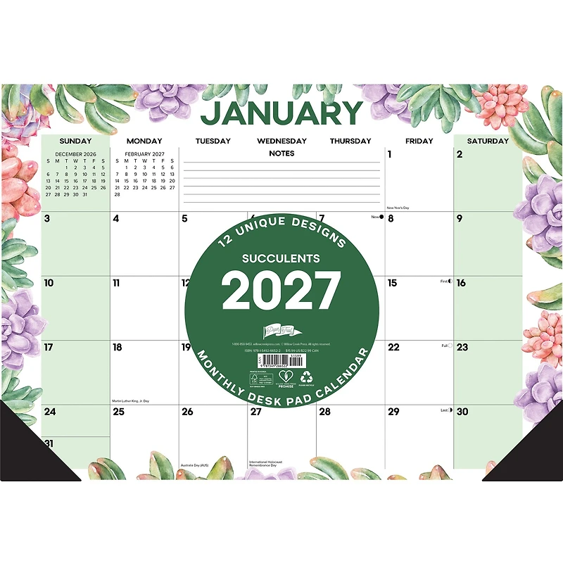 Succulents 2027 Small Desk Pad Calendar