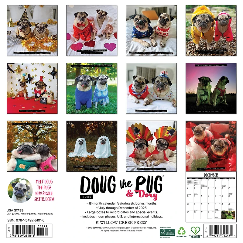 Doug The Pug 2026 Wall Calendar