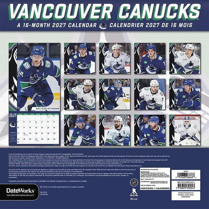NHL Vancouver Canucks 2027 Wall Calendar