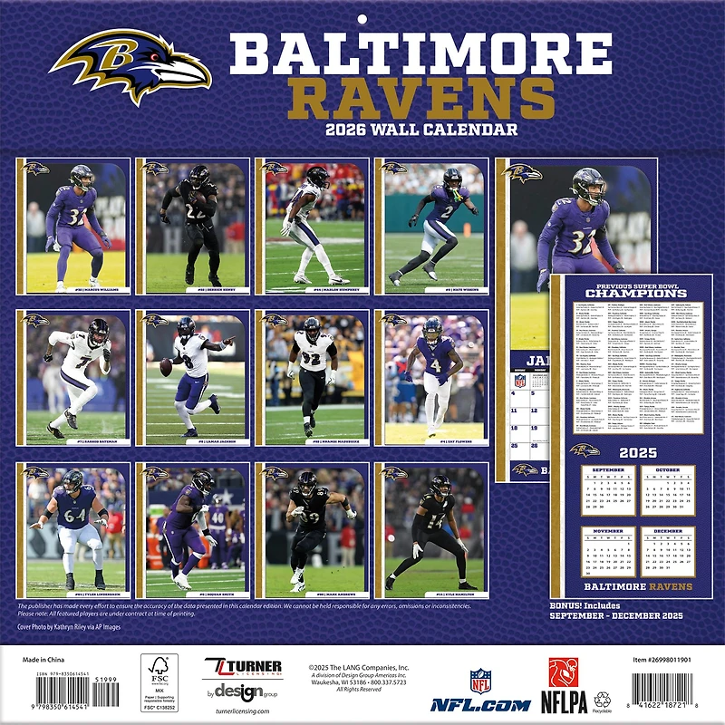 NFL Baltimore Ravens 2026 Wall Calendar