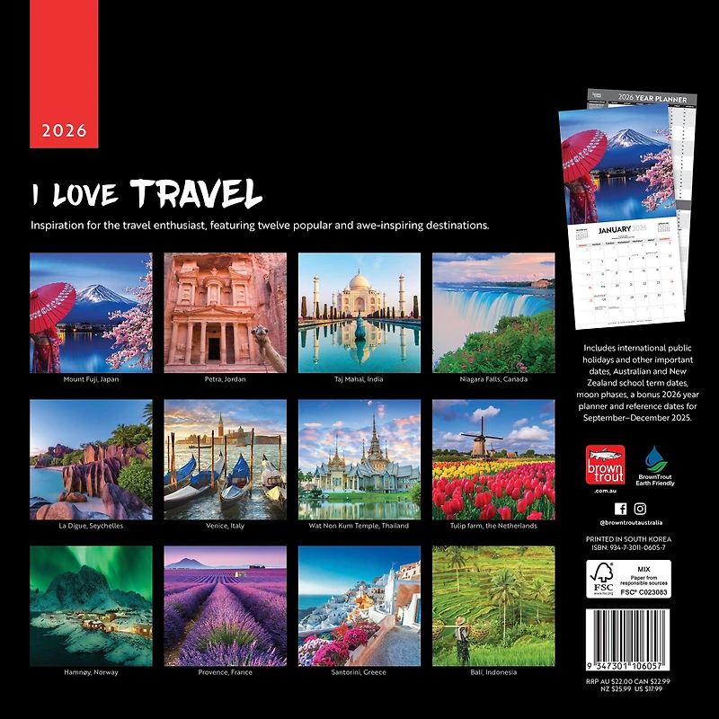 I Love Travel 2026 Wall Calendar