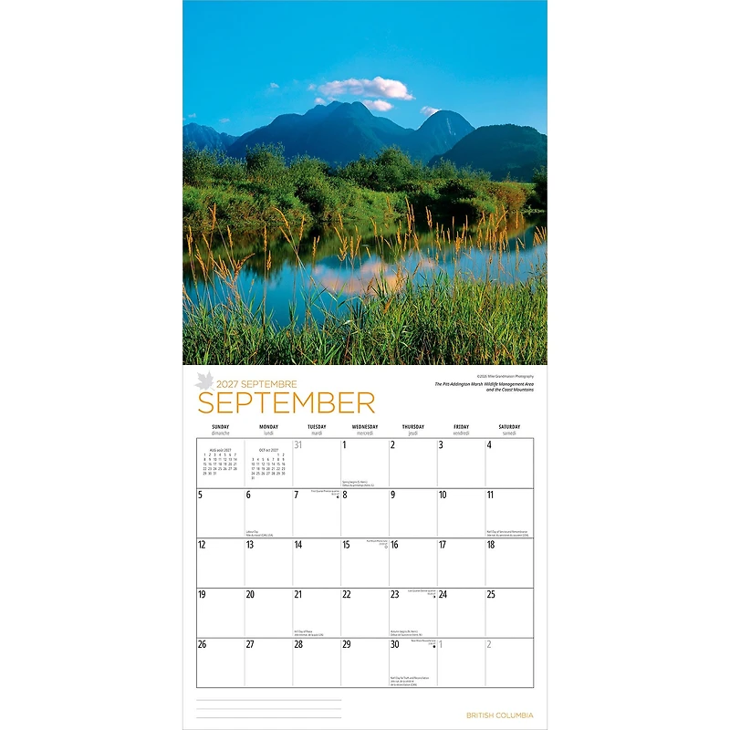 British Columbia 2027 Wall Calendar