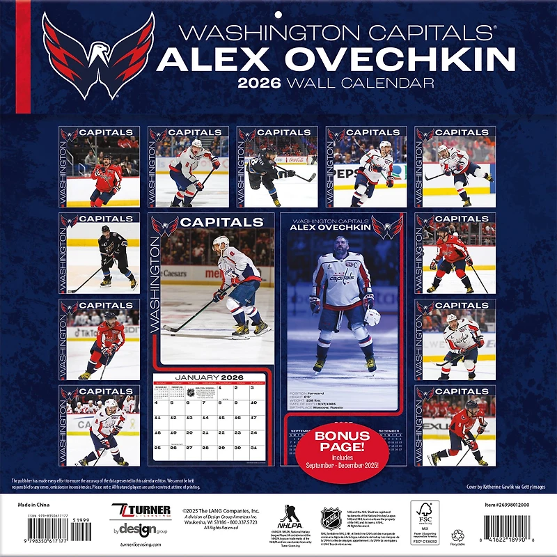 NHL Alex Ovechkin Washington Capitals 2026 Wall Calendar