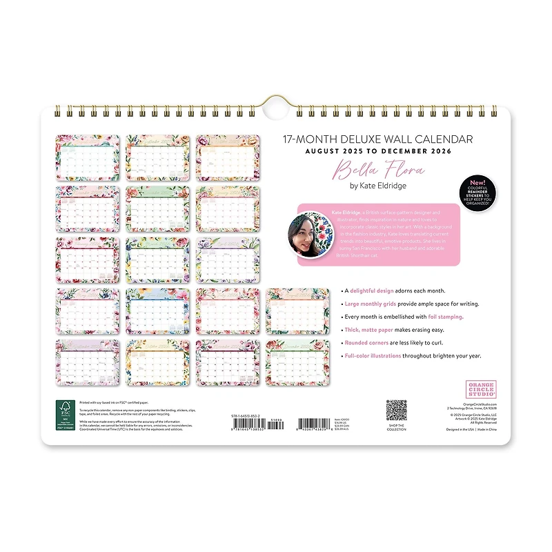 Bella Flora 2025-2026 Spiral Wall Calendar