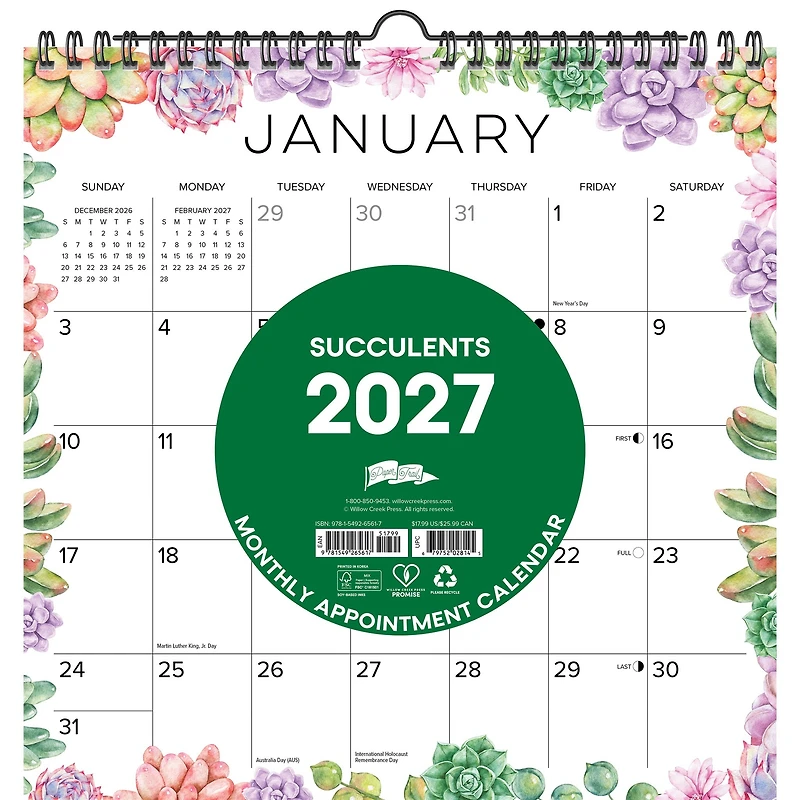 Succulents 2027 Spiral Wall Calendar