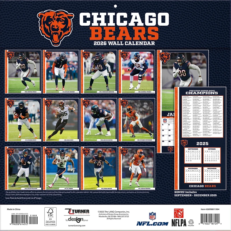 NFL Chicago Bears 2026 Wall Calendar - Online Only