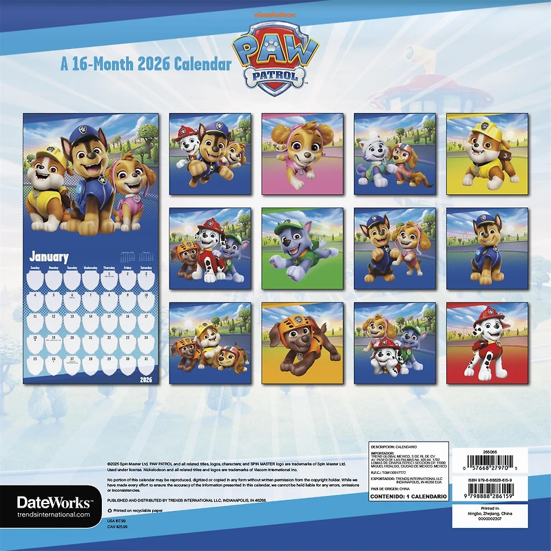 Paw Patrol 2026 Wall Calendar