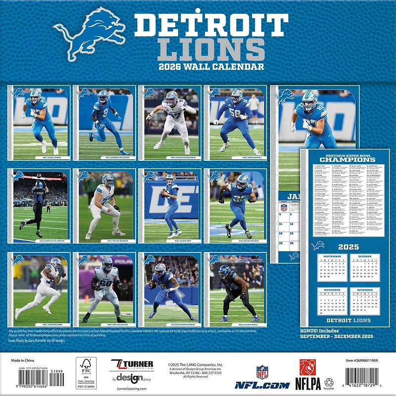 NFL Detroit Lions 2026 Wall Calendar