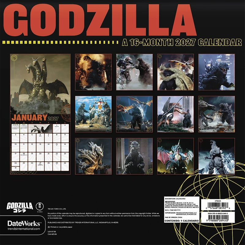 Godzilla Classic 2027 Exclusive Wall Calendar with Print - Online Only