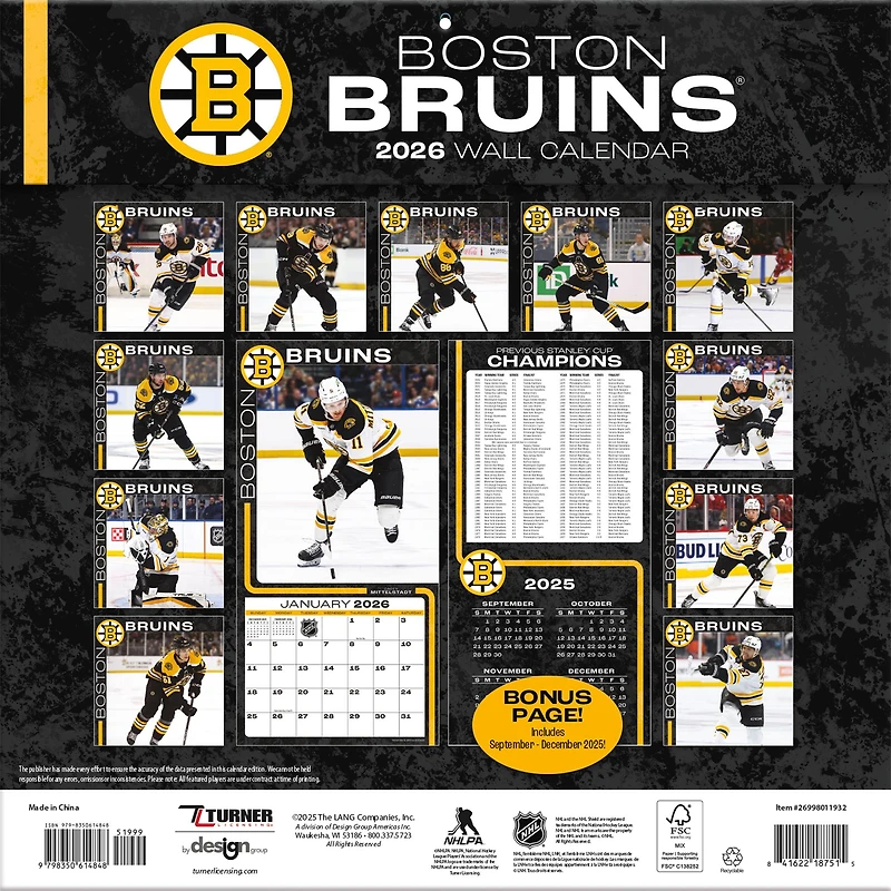 NHL Boston Bruins 2026 Wall Calendar