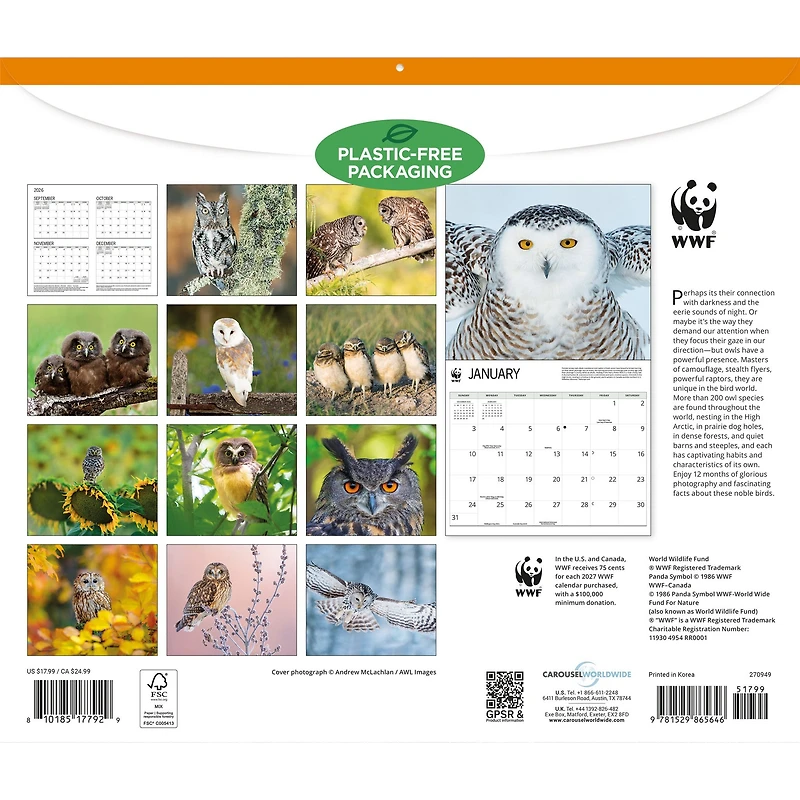 World Wildlife Fund Owls 2027 Wall Calendar