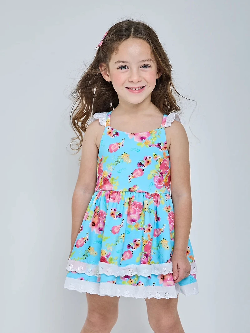 Dainty Floral Teal Tunic Dress & Short Set
