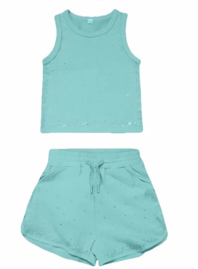 Teal diamond sparkle top & shorts