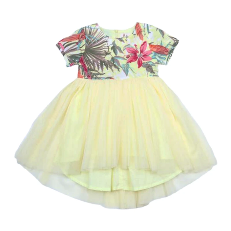 Tropical Print Tulle Dress Yellow