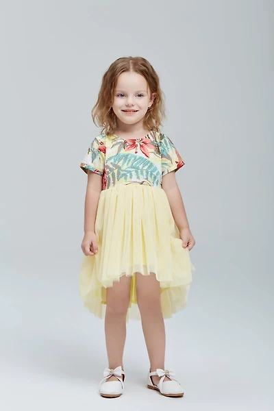 Tropical Print Tulle Dress Yellow