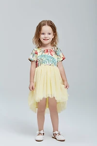 Tropical Print Tulle Dress Yellow