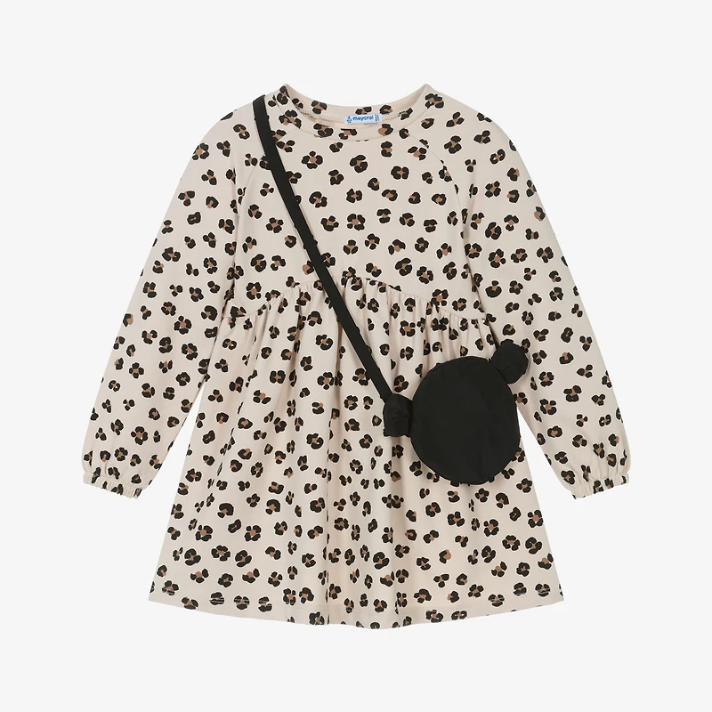 Girls Beige Cotton Jersey Leopard Print Dress Set