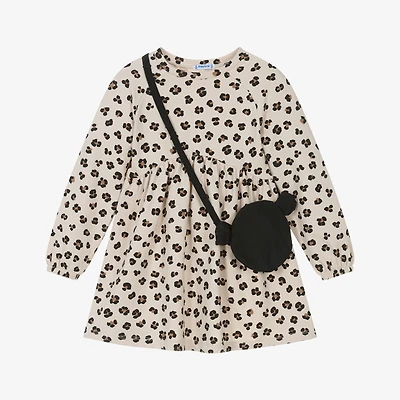 Girls Beige Cotton Jersey Leopard Print Dress Set