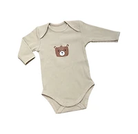 Baby Ribbed Long Sleeve Bodysuit – Beige with Bear Print 🐻