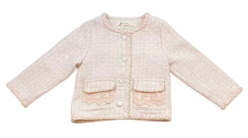 Pink Floral Lace Trim Tweed Jacket