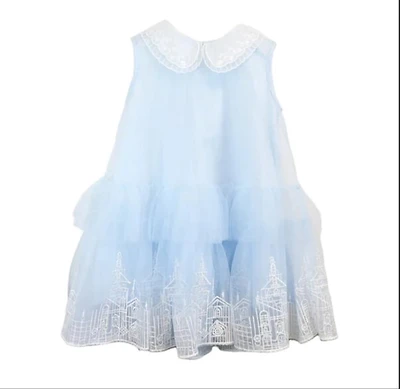 Round Collar Embroidery Mesh Dress - Blue