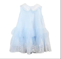 Round Collar Embroidery Mesh Dress - Blue