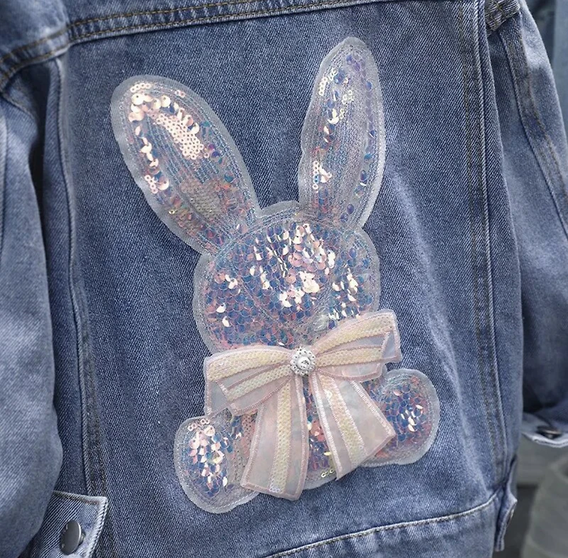 Rabbit Beading Print Denim Jacket