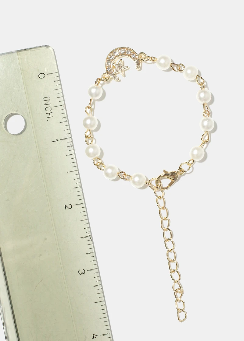 Pearl Bracelet with Crescent Moon and Star