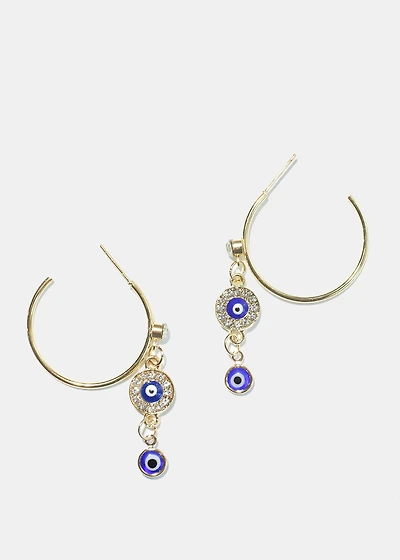 Evil Eye Dangle Charm Hoop Earrings