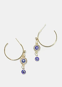 Evil Eye Dangle Charm Hoop Earrings