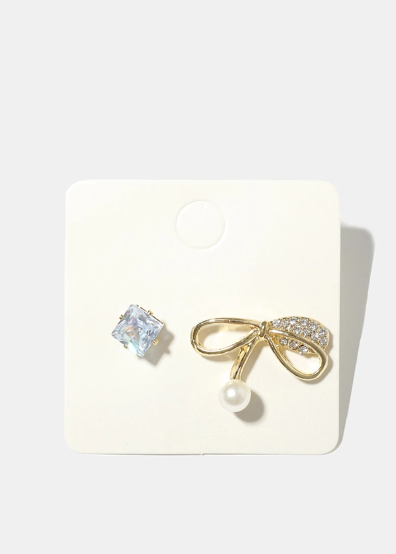 Rhinestone and Bow with Pearl Earrings