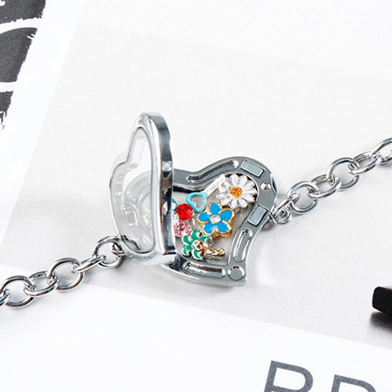 Pink Heart Accent Stone Locket Charm (2 Stones)