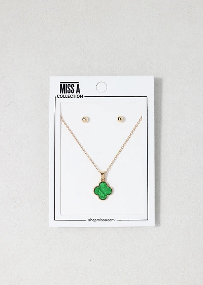 Lucky Clover Pendant Necklace + Earring Set