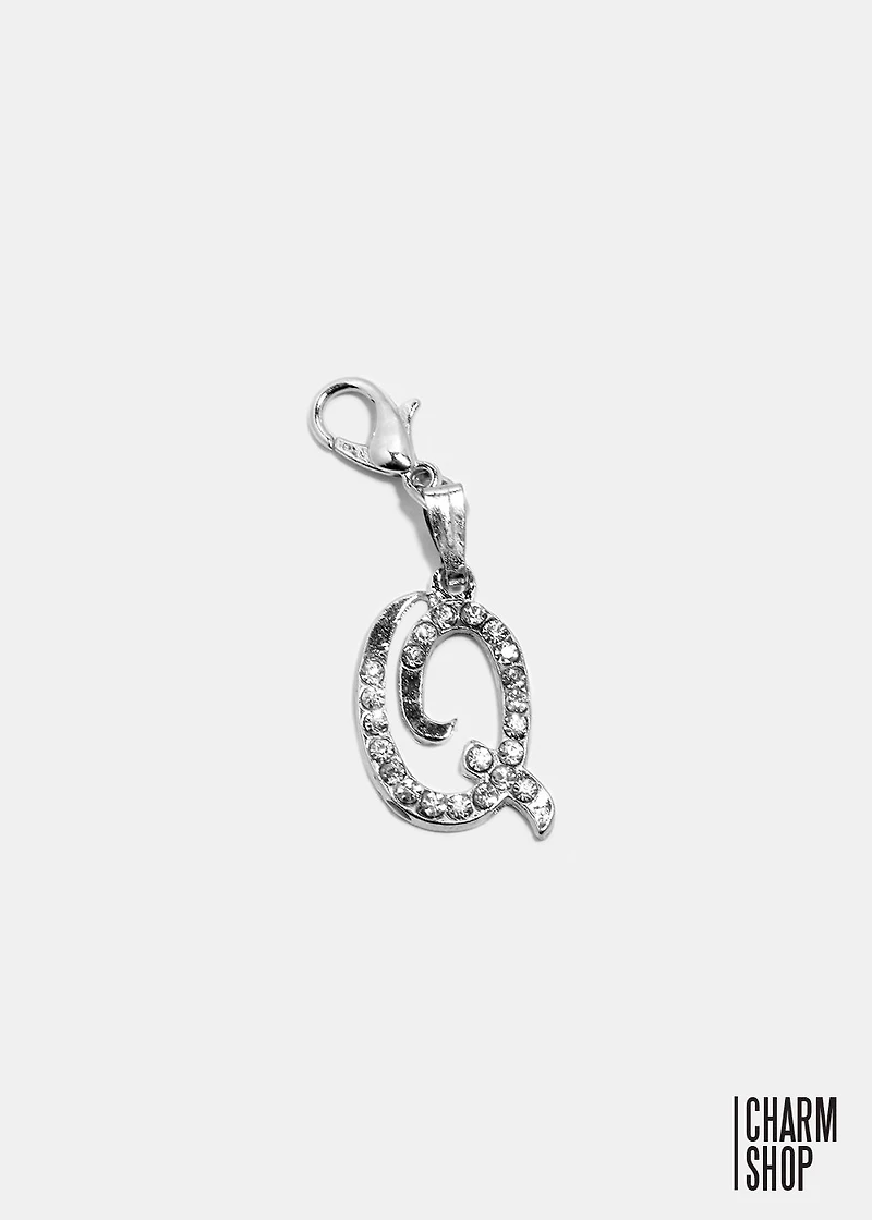 Silver Clear Italic Initial Q Dangle Charm