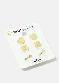 3-Pair Arrow & Heart Stud Earrings