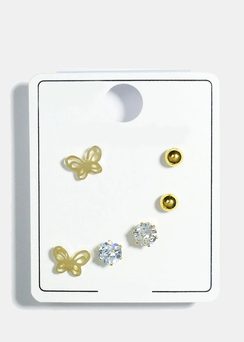 3-Pair Butterfly Stud Earrings