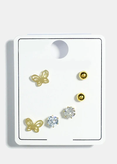 3-Pair Butterfly Stud Earrings