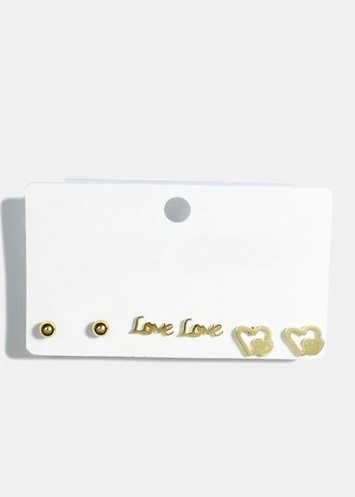 3-Pair "LOVE" & Heart Stud Earrings