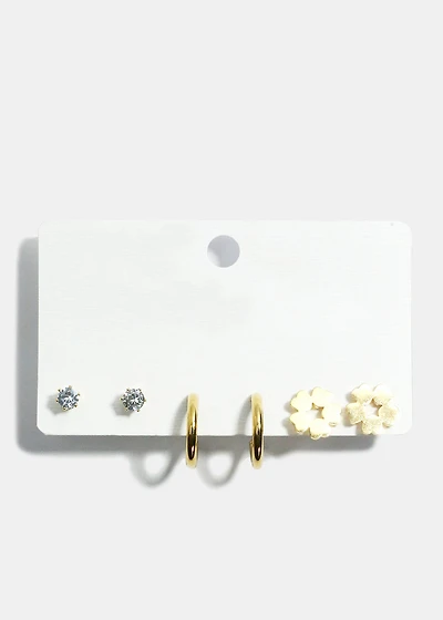 3-Pair Flower Stud & Hoop Earrings