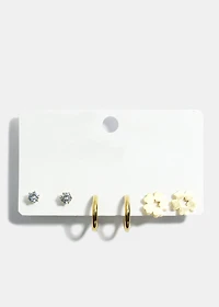 3-Pair Flower Stud & Hoop Earrings