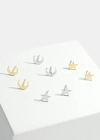 2-Pair Star & Moon Stud Earrings