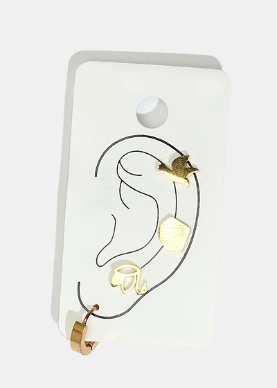 4-Piece Bird & Shell Stud Earrings