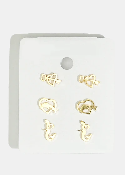3-Pair Heart & Dolphin Stud Earrings