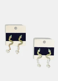 Rhinestone & Pearl Snake Earrings