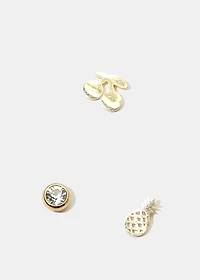 3-Pair Rhinestone & Fruit Stud Earrings